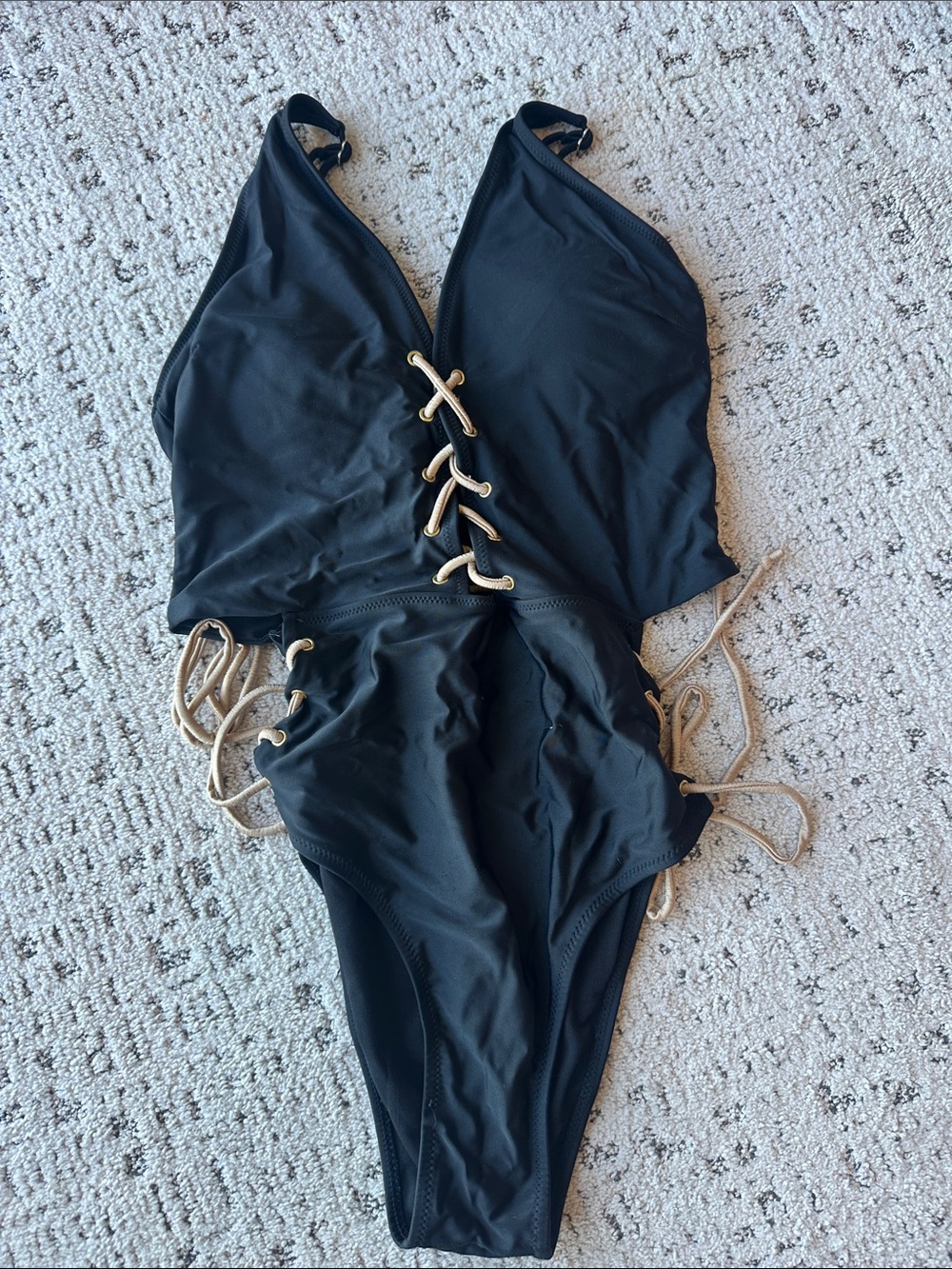 Black Lace-Up One-Piece Swimsuit with Gold Tie